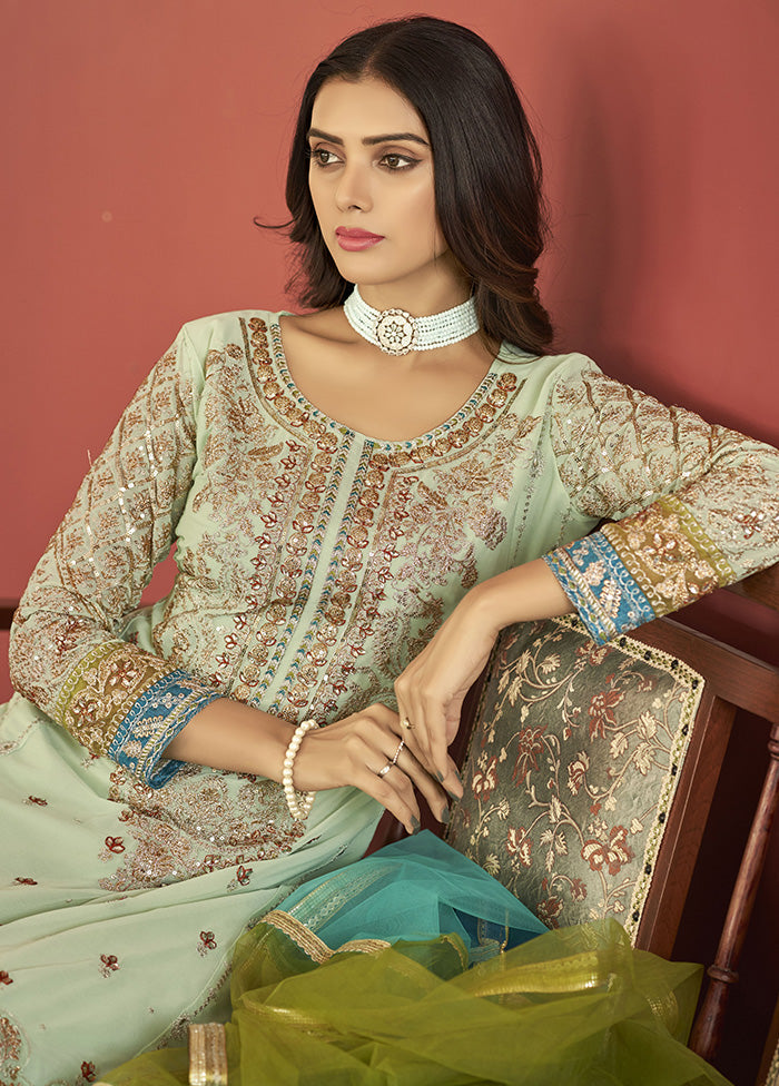 3 Pc Green Semi Stitched Georgette Suit Set With Dupatta VDKSH12803247 - Indian Silk House Agencies