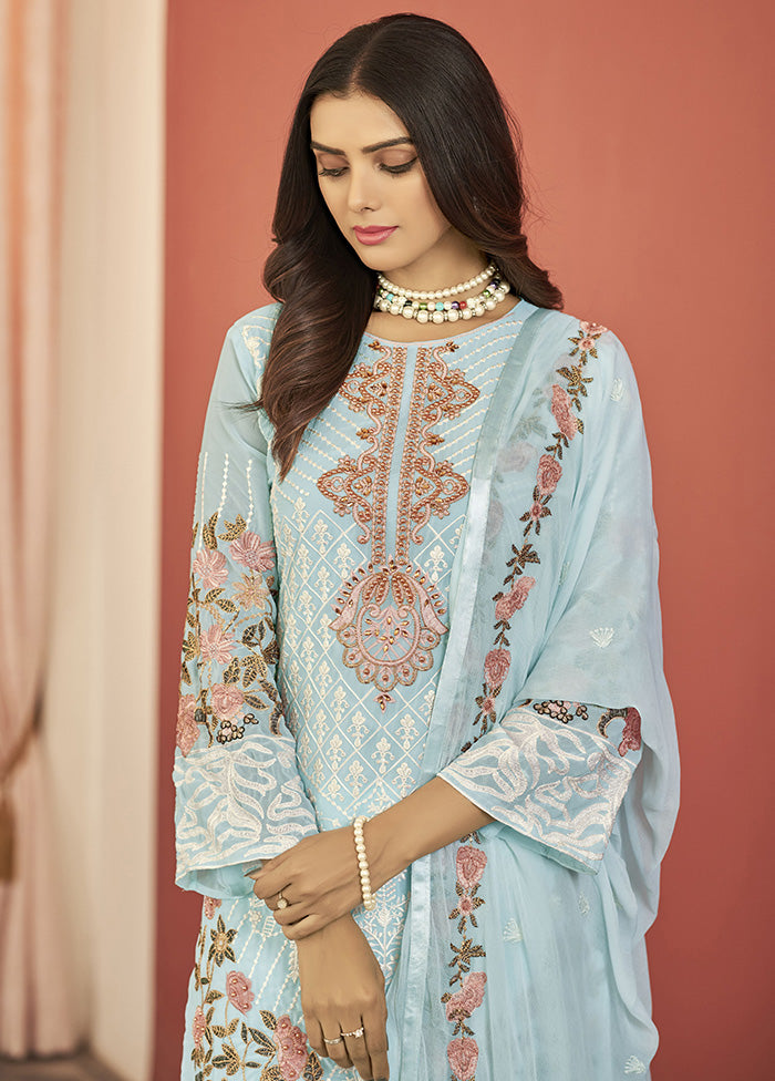 3 Pc Sky Blue Georgette Suit Set With Dupatta VDKSH12803248 - Indian Silk House Agencies