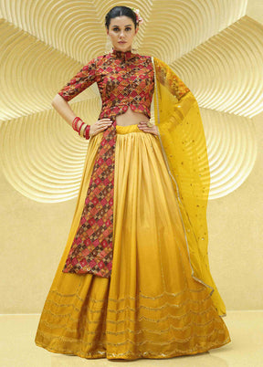 Yellow Semi Stitched Blended Silk Lehenga Choli Set With Dupatta - Indian Silk House Agencies