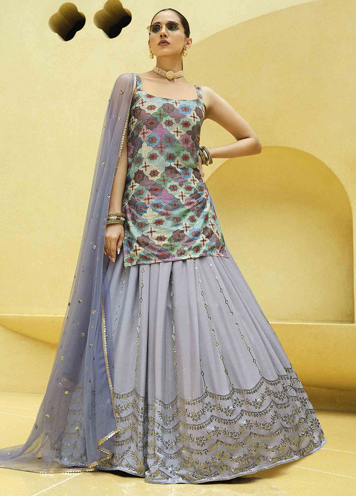 Lavender Semi Stitched Blended Silk Lehenga Choli Set With Dupatta - Indian Silk House Agencies