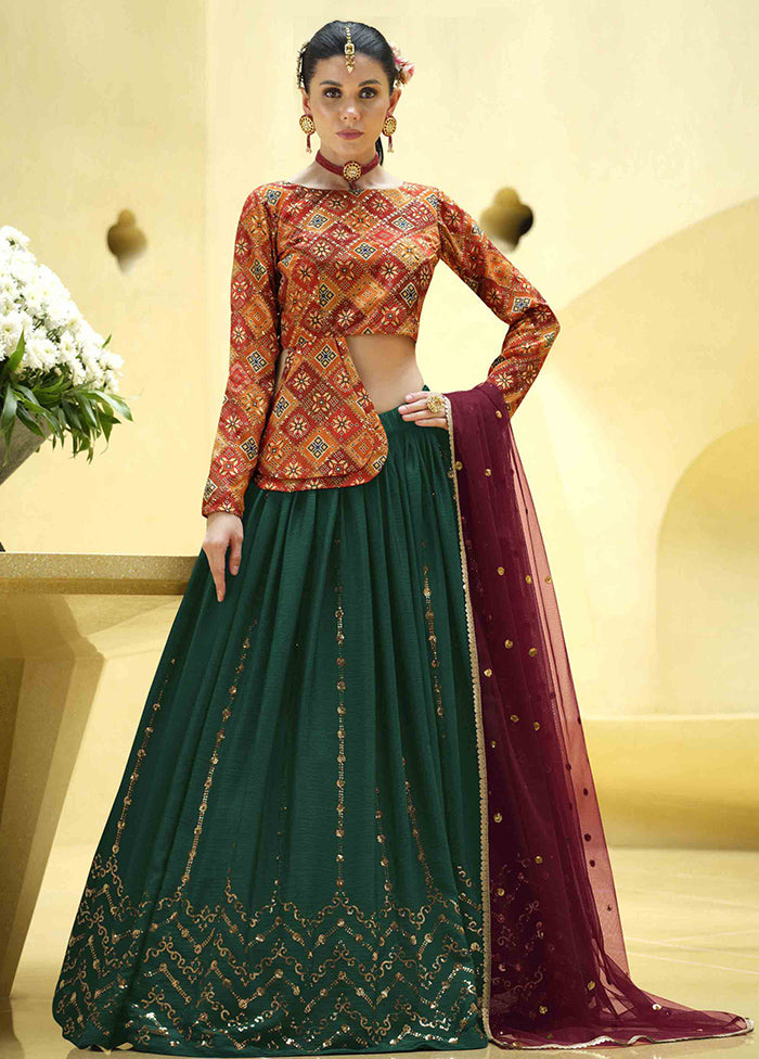 Green Semi Stitched Blended Silk Lehenga Choli Set With Dupatta - Indian Silk House Agencies