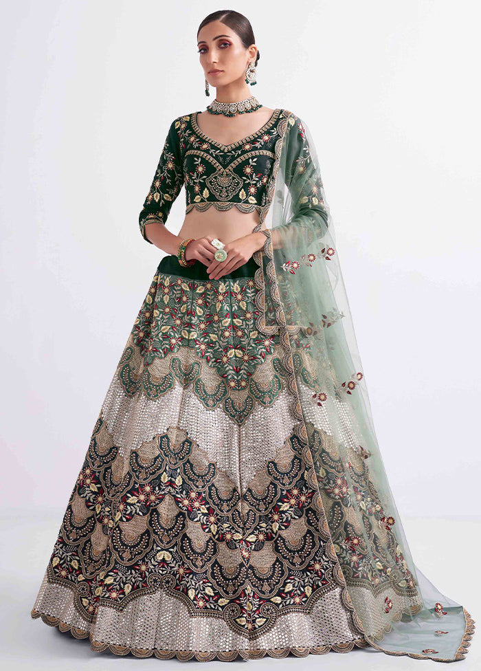 Green Semi Stitched Blended Silk Lehenga Choli Set With Dupatta - Indian Silk House Agencies