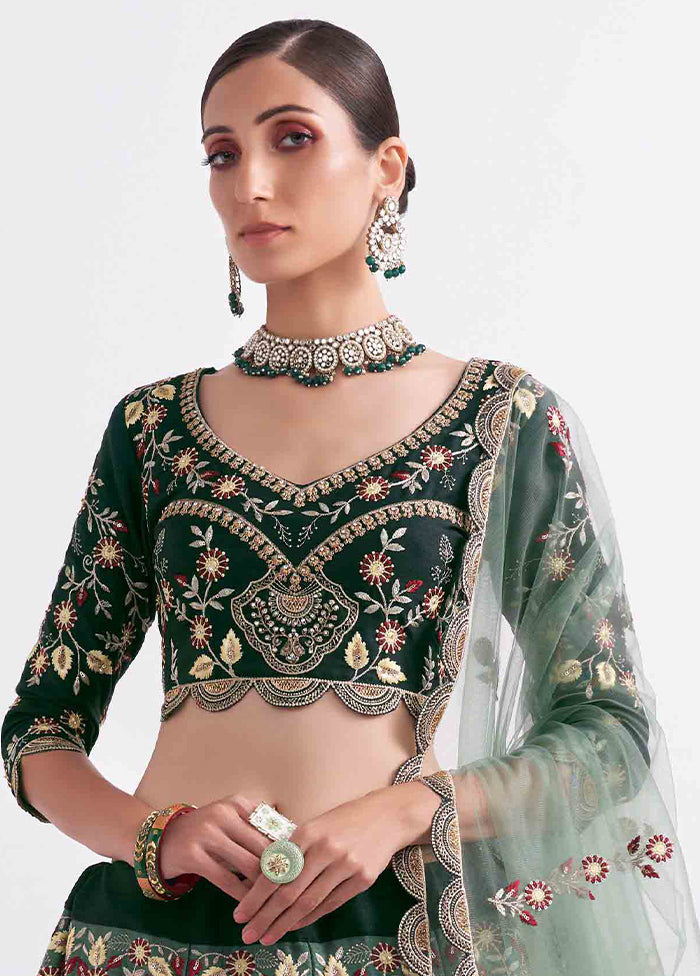 Green Semi Stitched Blended Silk Lehenga Choli Set With Dupatta - Indian Silk House Agencies