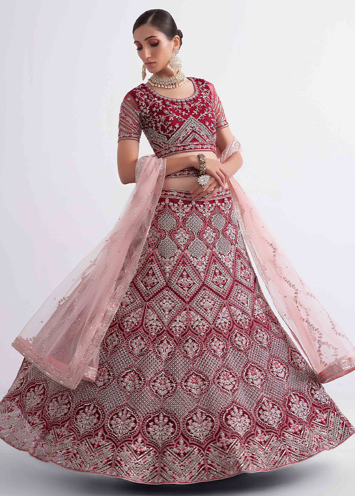 Red Semi Stitched Net Lehenga Choli Set With Dupatta - Indian Silk House Agencies