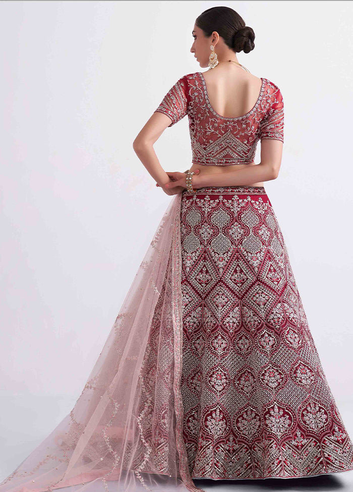 Red Semi Stitched Net Lehenga Choli Set With Dupatta - Indian Silk House Agencies