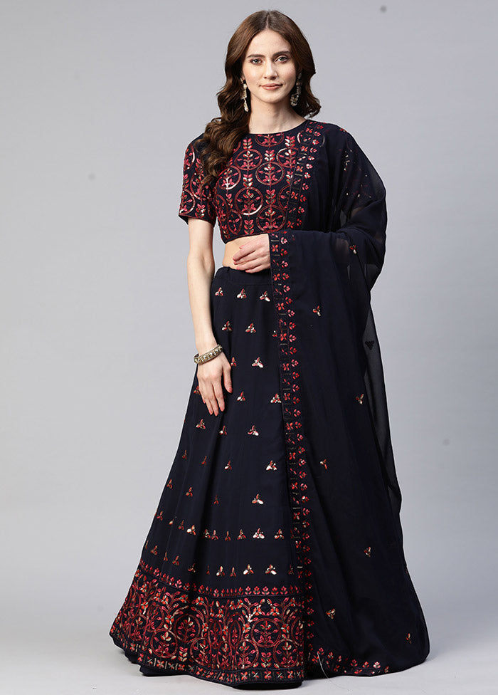 Navy Blue Semi Stitched Georgette Lehenga Choli Set With Dupatta - Indian Silk House Agencies