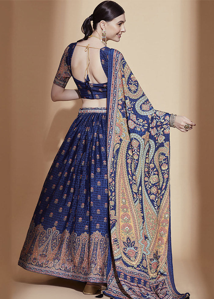 Blue Semi Stitched Blended Silk Lehenga Choli Set With Dupatta - Indian Silk House Agencies