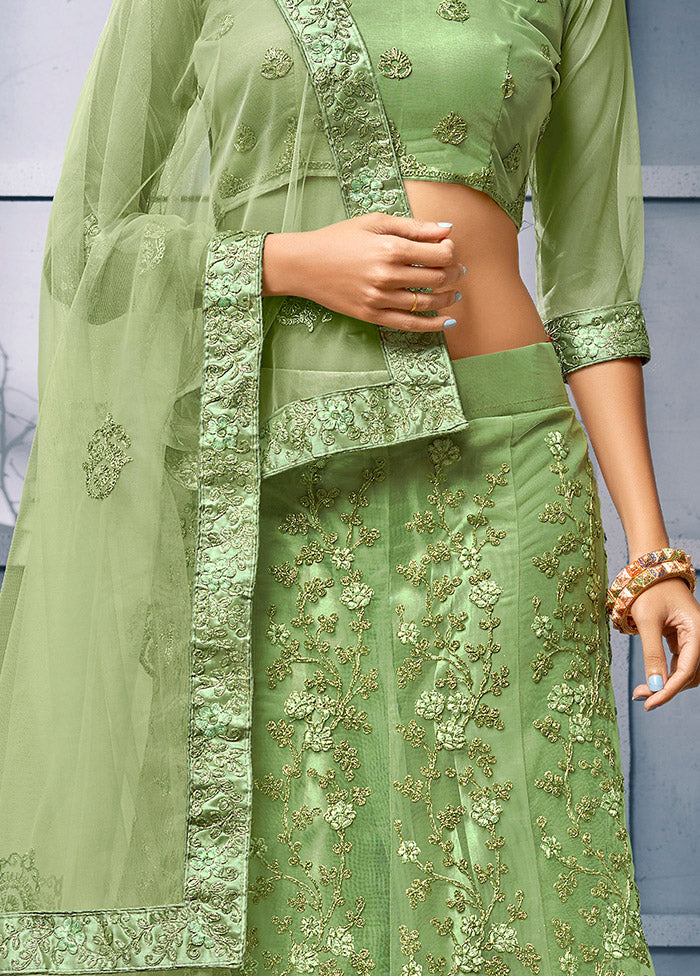 Light Green Semi Stitched Net Lehenga Choli Set With Dupatta - Indian Silk House Agencies