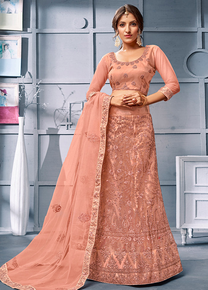 Rust Semi Stitched Net Lehenga Choli Set With Dupatta - Indian Silk House Agencies