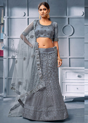 Grey Semi Stitched Net Lehenga Choli Set With Dupatta - Indian Silk House Agencies