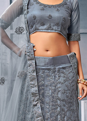 Grey Semi Stitched Net Lehenga Choli Set With Dupatta - Indian Silk House Agencies