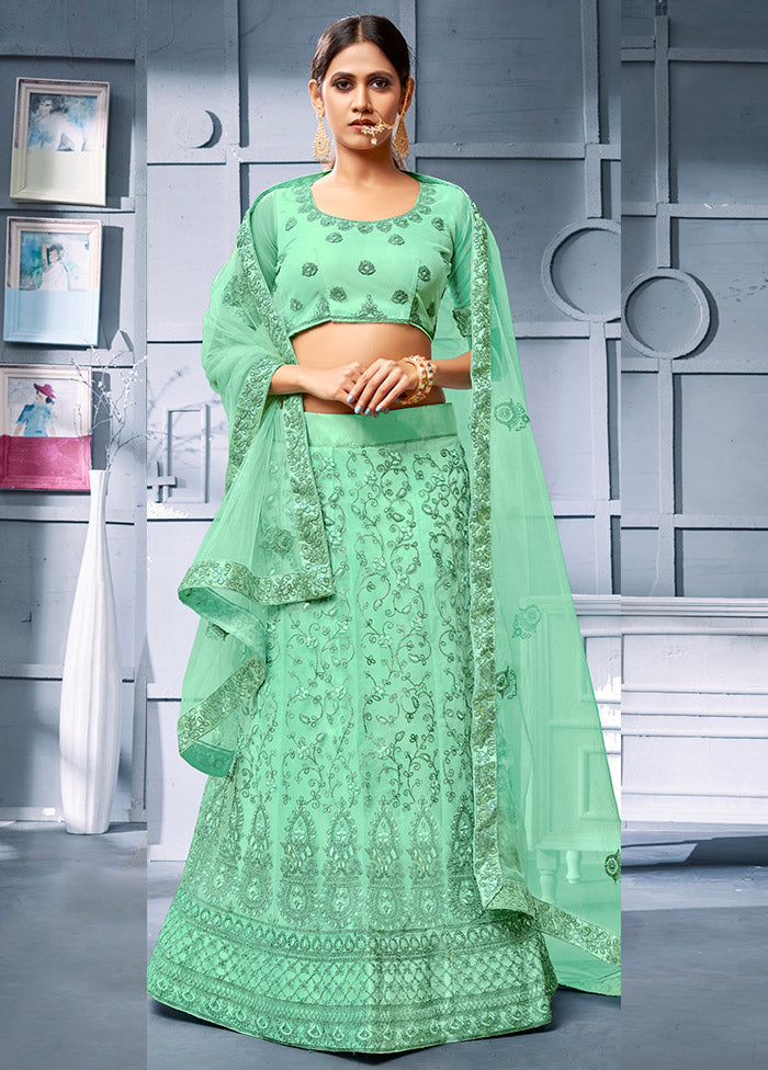 Sea Green Semi Stitched Net Lehenga Choli Set With Dupatta - Indian Silk House Agencies