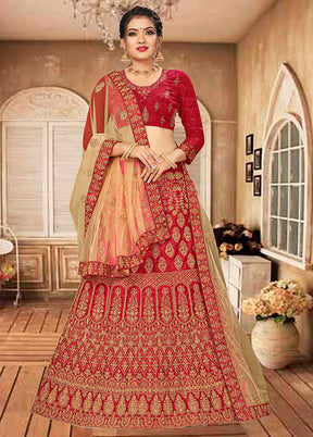 Maroon Semi Stitched Blended Silk Lehenga Choli Set With Dupatta - Indian Silk House Agencies