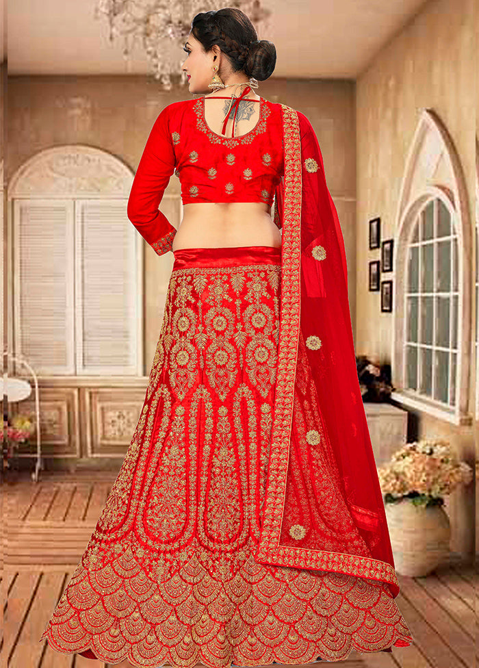 Red Semi Stitched Blended Silk Lehenga Choli Set With Dupatta - Indian Silk House Agencies