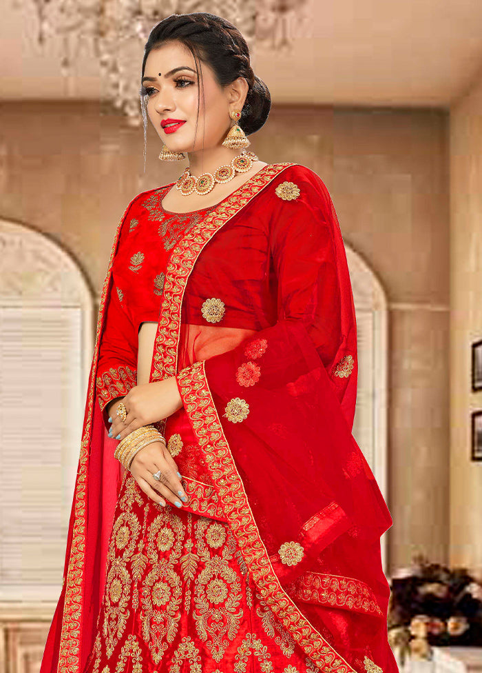 Red Semi Stitched Blended Silk Lehenga Choli Set With Dupatta - Indian Silk House Agencies