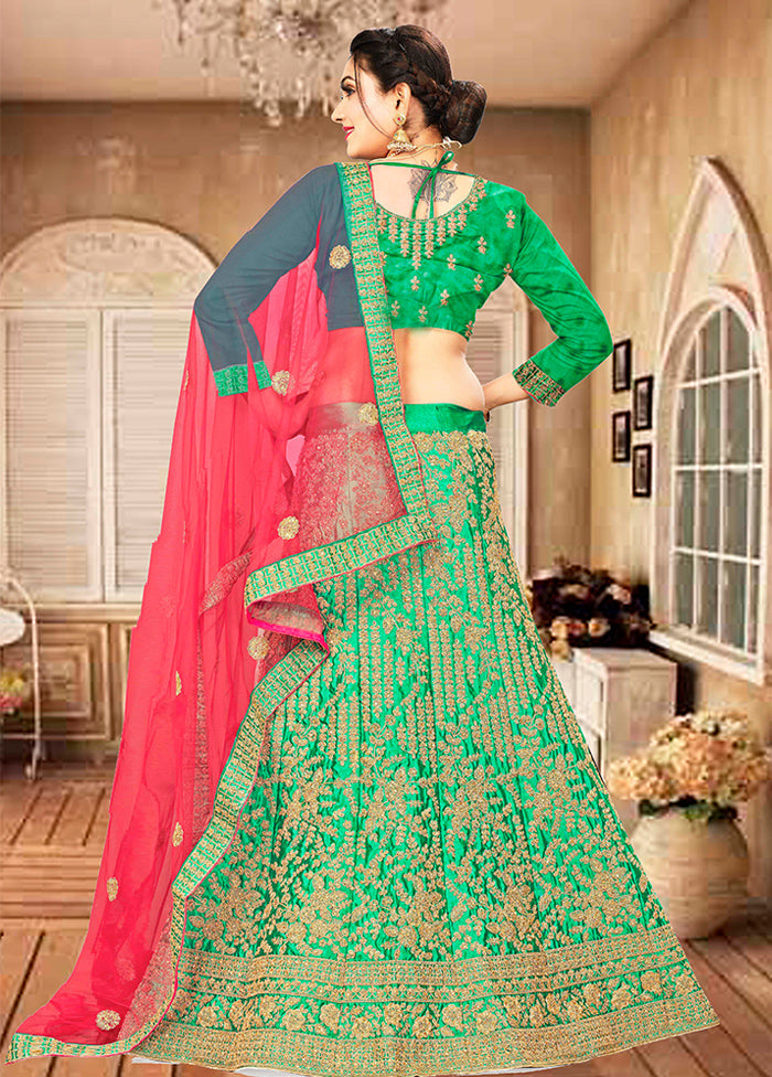 Green Semi Stitched Blended Silk Lehenga Choli Set With Dupatta - Indian Silk House Agencies