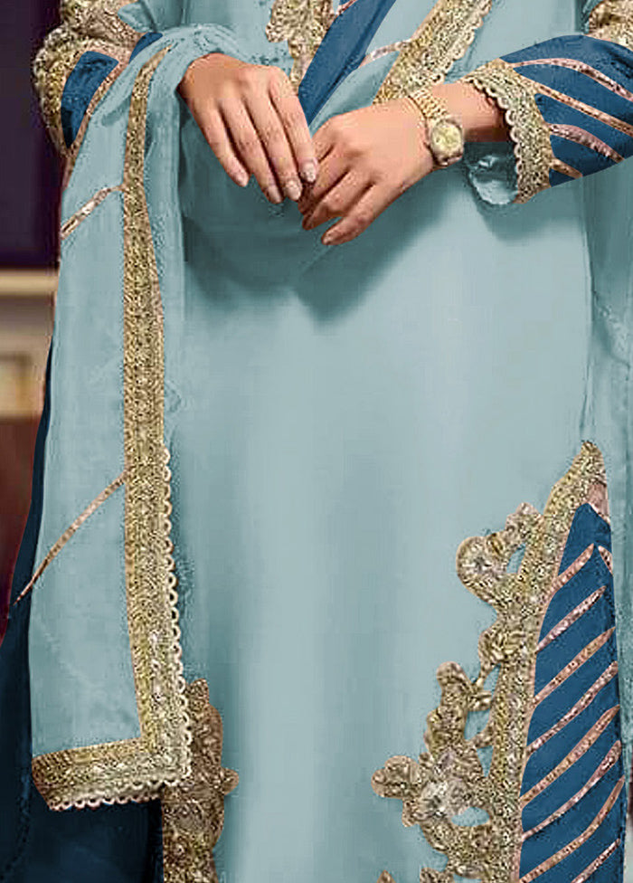 3 Pc Blue Semi Stitched Georgette Suit Set VDKSH13042051 - Indian Silk House Agencies