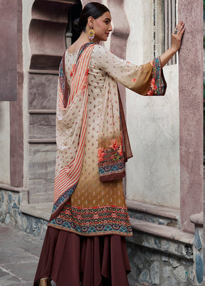 3 Pc Cream Unstitched Digital Print Silk Suit Set VDKSH02052085 - Indian Silk House Agencies