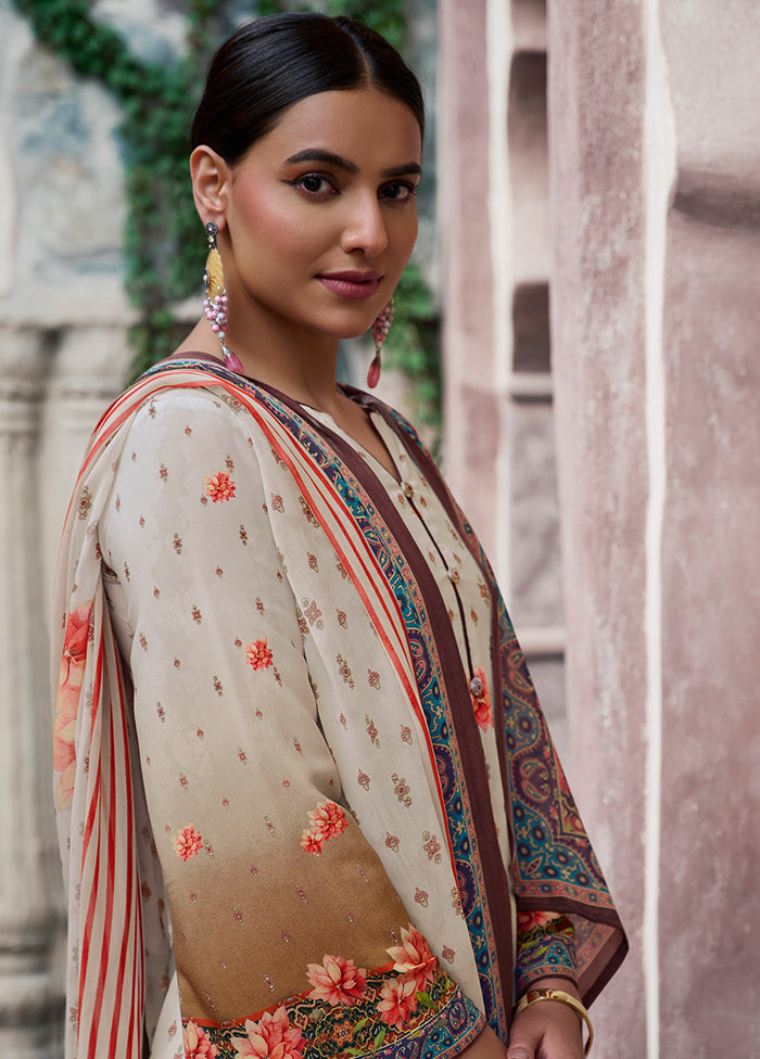 3 Pc Cream Unstitched Digital Print Silk Suit Set VDKSH02052085 - Indian Silk House Agencies