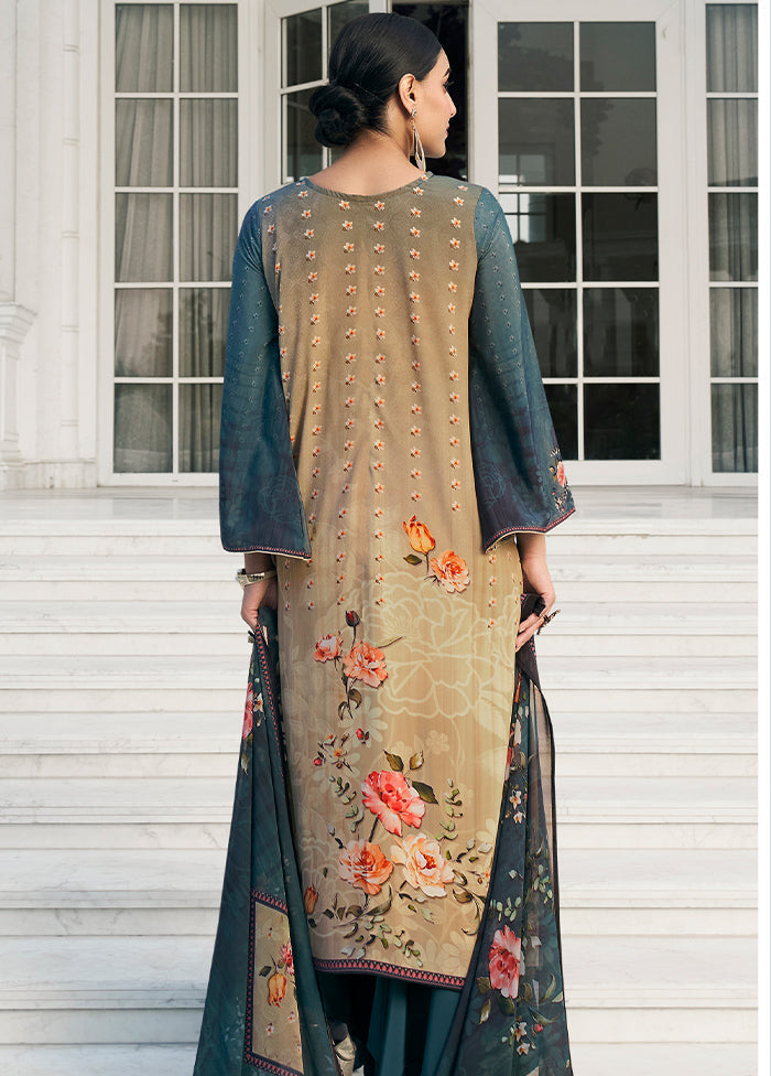 3 Pc Blue Unstitched Digital Print Silk Suit Set VDKSH02052086 - Indian Silk House Agencies