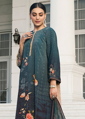 3 Pc Blue Unstitched Digital Print Silk Suit Set VDKSH02052086 - Indian Silk House Agencies