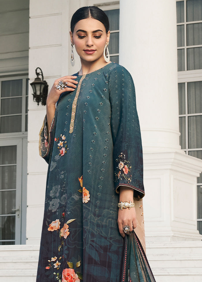 3 Pc Blue Unstitched Digital Print Silk Suit Set VDKSH02052086 - Indian Silk House Agencies