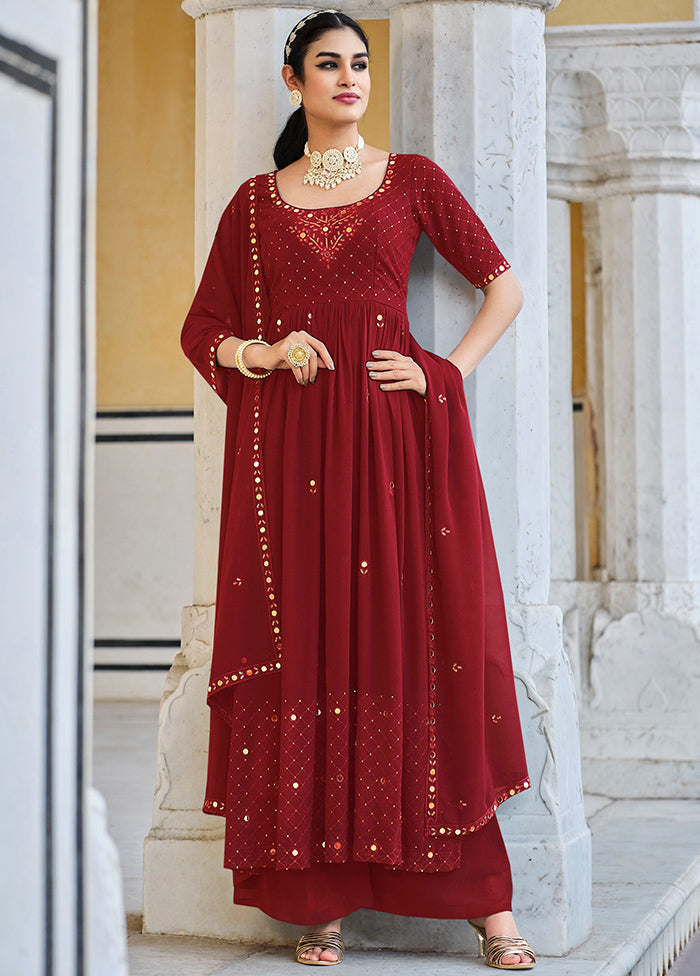 3 Pc Red Georgette Semi Stitched Suit Set VDKSH02052071 - Indian Silk House Agencies