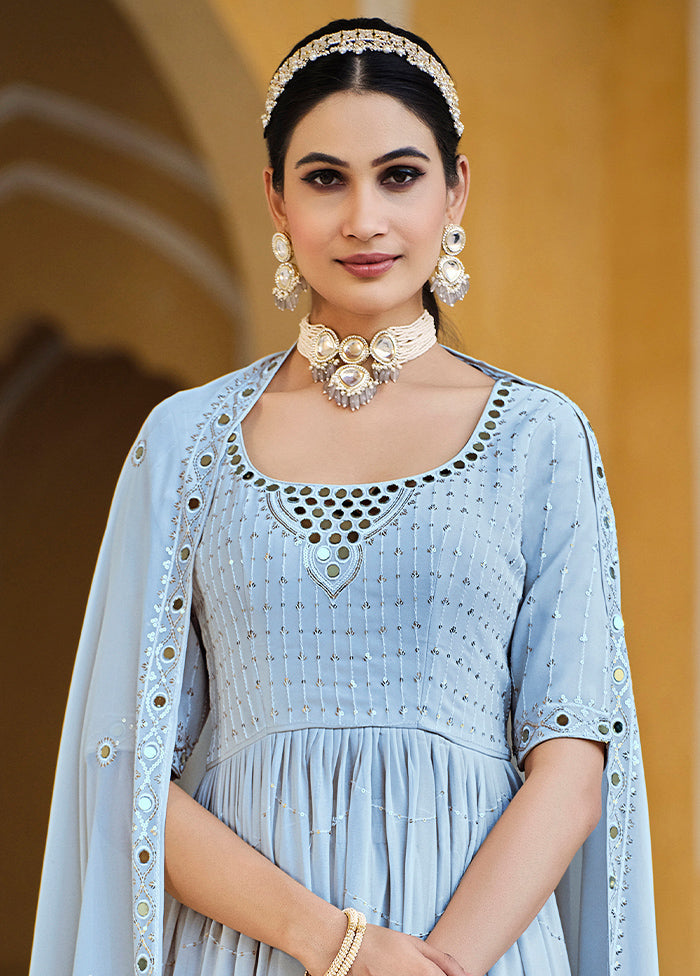 3 Pc Sky Blue Georgette Semi Stitched Suit Set VDKSH02052072 - Indian Silk House Agencies