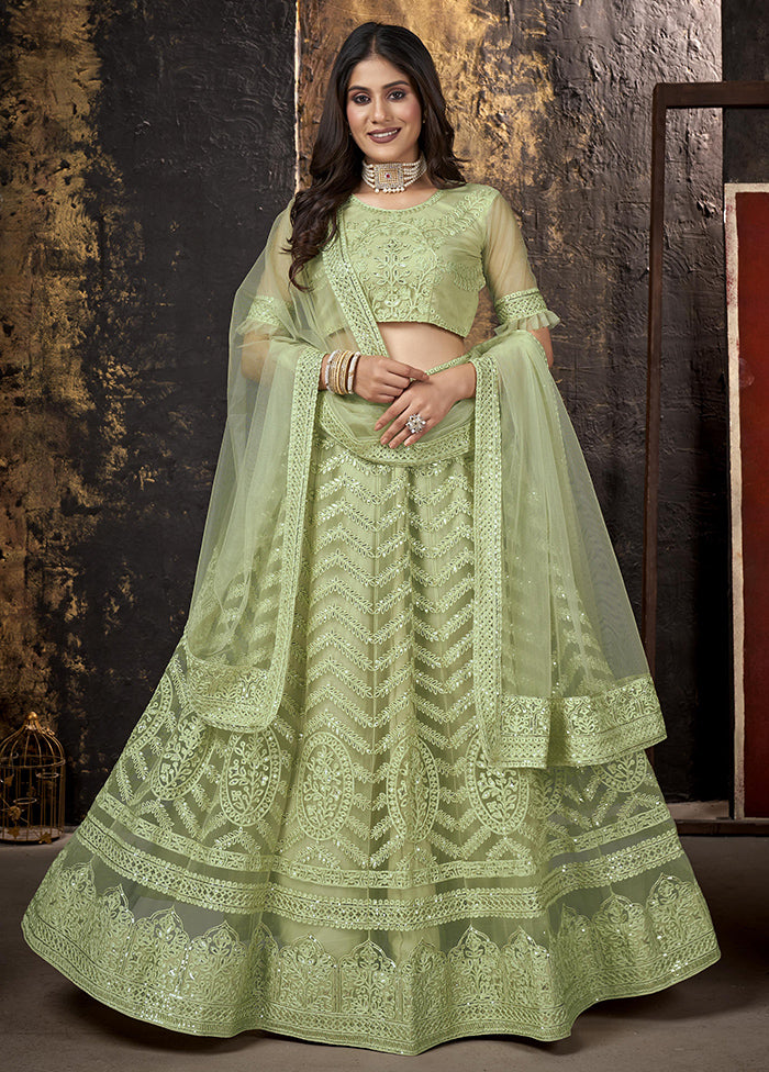 3 Pc Green Semi Stitched Net Lehenga Set - Indian Silk House Agencies