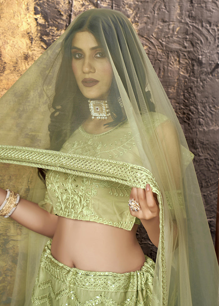 3 Pc Green Semi Stitched Net Lehenga Set - Indian Silk House Agencies