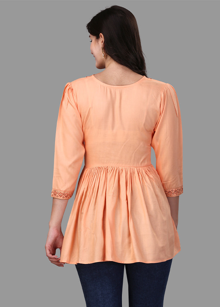 Light Orange Foil Print Readymade Top VDKSH02052057 - Indian Silk House Agencies