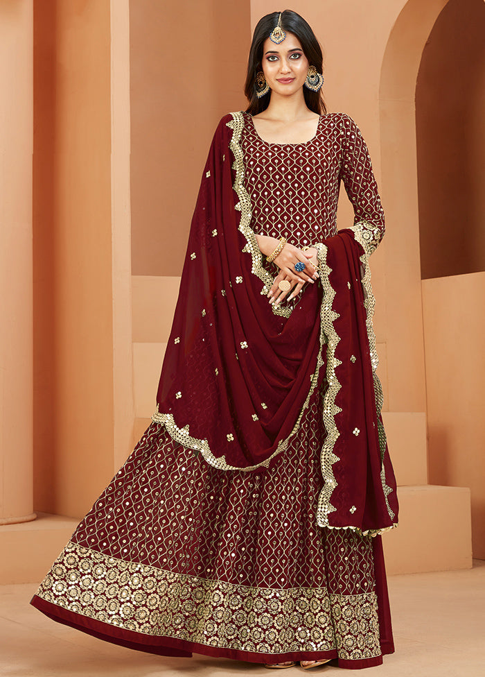 3 Pc Maroon Georgette Semi Stitched Anakali Suits Set VDKSH02052069 - Indian Silk House Agencies