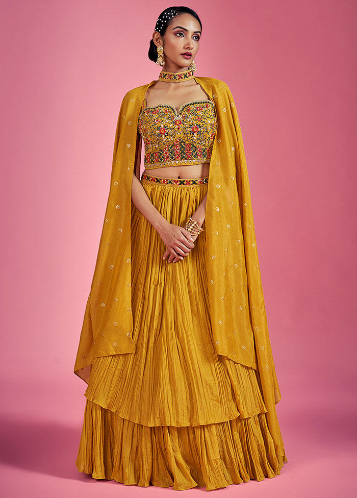 3 Pc Mustard Readymade Chinon Lehenga Set - Indian Silk House Agencies