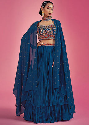 3 Pc Navy Blue Readymade Chinon Lehenga Set - Indian Silk House Agencies