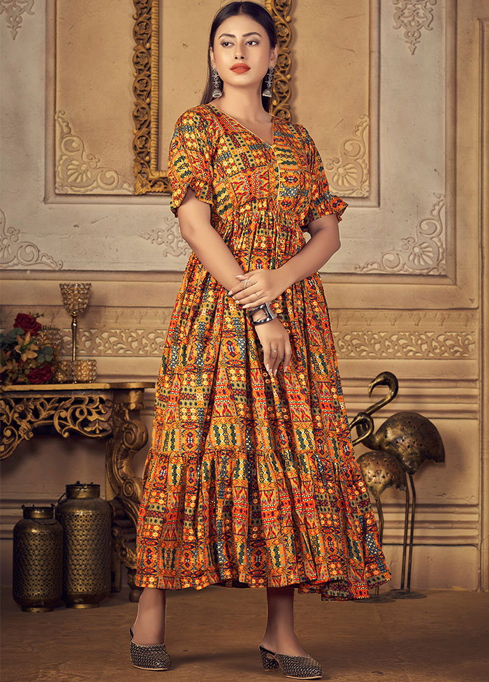 Yellow Readymade Rayon Foil Print Long Kurti VDKSH06052049 - Indian Silk House Agencies