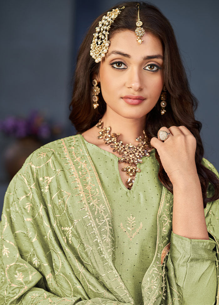 3 Pc Pista Green Semi Stitched Silk Suit Set VDKSH06052040 - Indian Silk House Agencies