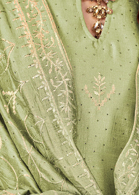 3 Pc Pista Green Semi Stitched Silk Suit Set VDKSH06052040 - Indian Silk House Agencies