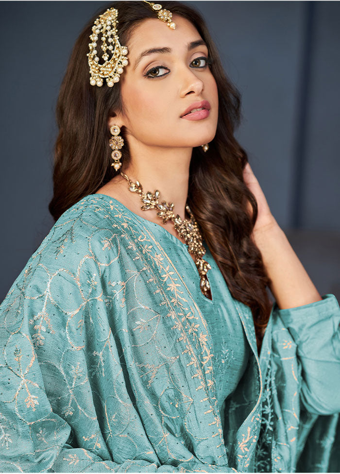 3 Pc Sky Blue Semi Stitched Silk Jacquard Work Suit Set VDKSH06052043 - Indian Silk House Agencies