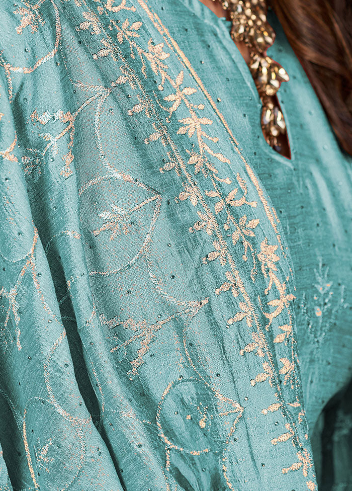 3 Pc Sky Blue Semi Stitched Silk Jacquard Work Suit Set VDKSH06052043 - Indian Silk House Agencies