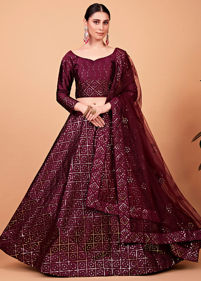 3 Pc Wine Semi Stitched Silk Lehenga Set - Indian Silk House Agencies