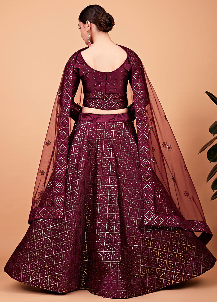 3 Pc Wine Semi Stitched Silk Lehenga Set - Indian Silk House Agencies