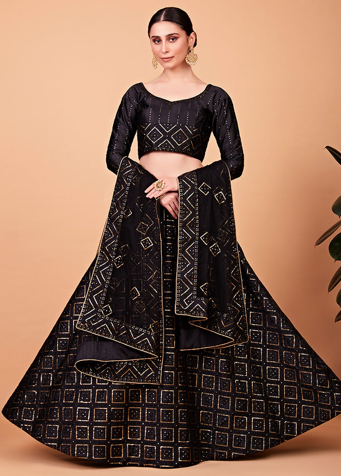 3 Pc Black Semi Stitched Silk Lehenga Set - Indian Silk House Agencies