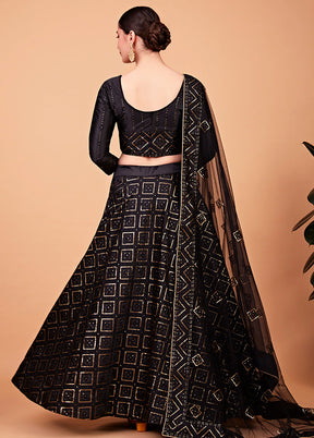 3 Pc Black Semi Stitched Silk Lehenga Set - Indian Silk House Agencies