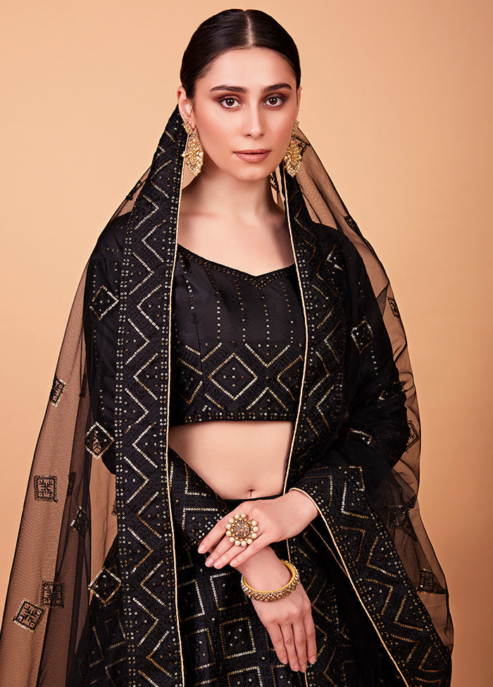 3 Pc Black Semi Stitched Silk Lehenga Set - Indian Silk House Agencies