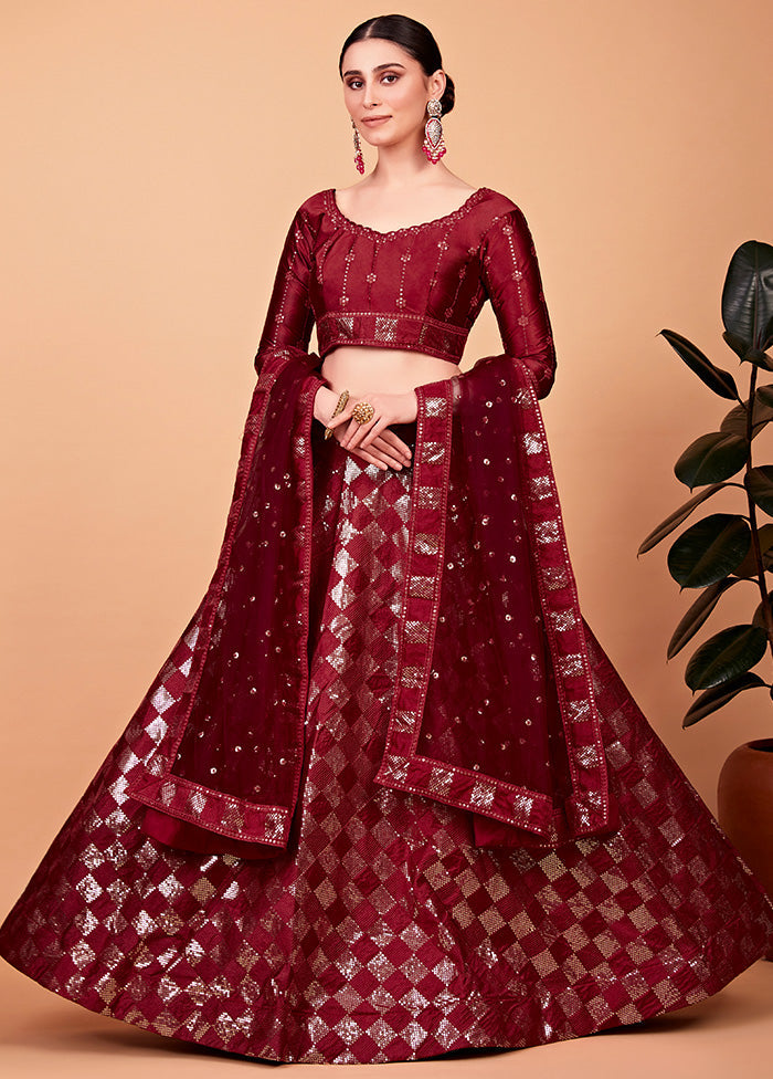 3 Pc Red Semi Stitched Silk Lehenga Set - Indian Silk House Agencies