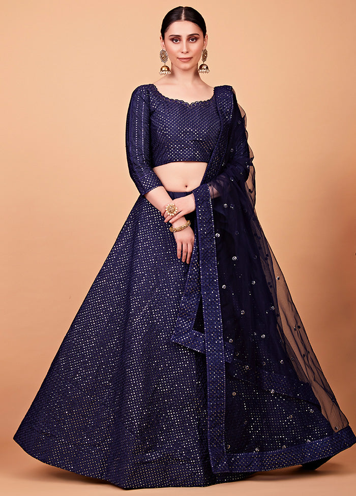 3 Pc Navy Blue Semi Stitched Silk Lehenga Set - Indian Silk House Agencies