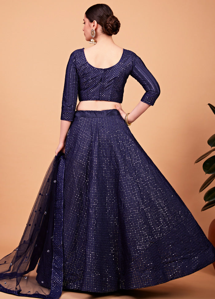 3 Pc Navy Blue Semi Stitched Silk Lehenga Set - Indian Silk House Agencies