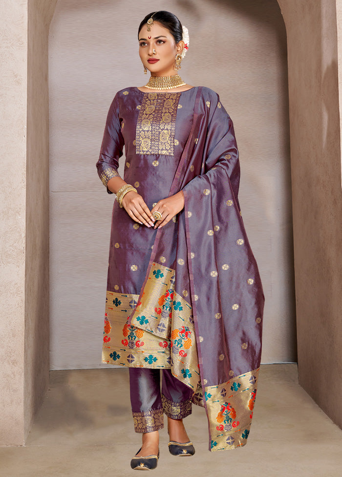 3 Pc Purple Semi Stitched Silk Suit Set VDKSH11052036 - Indian Silk House Agencies