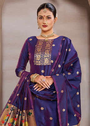 3 Pc Navy Blue Semi Stitched Silk Suit Set VDKSH11052038 - Indian Silk House Agencies