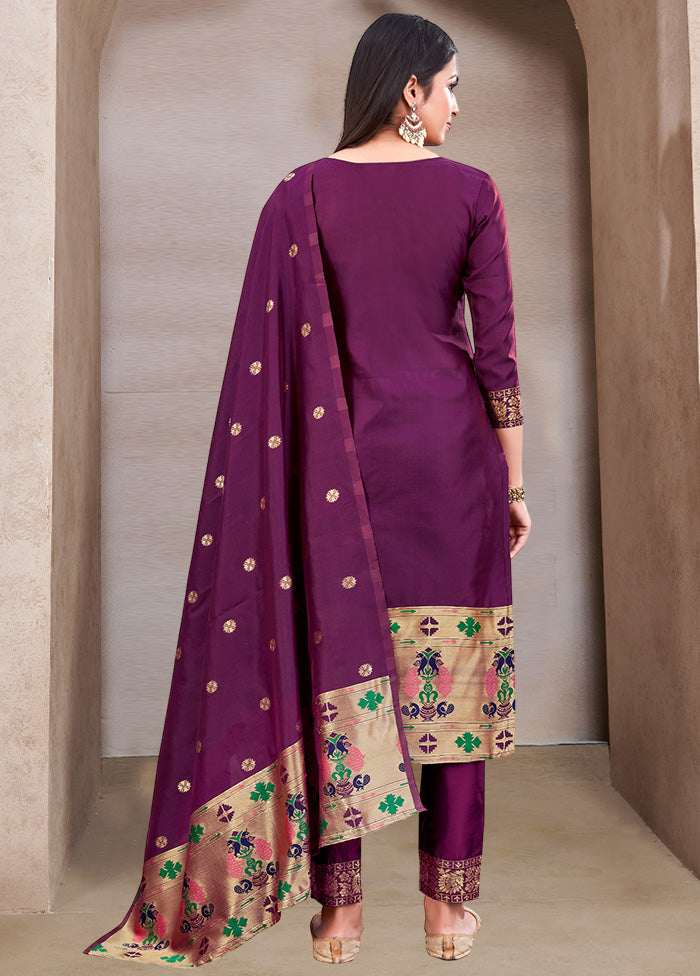 3 Pc Purple Semi Stitched Silk Suit Set VDKSH11052039 - Indian Silk House Agencies